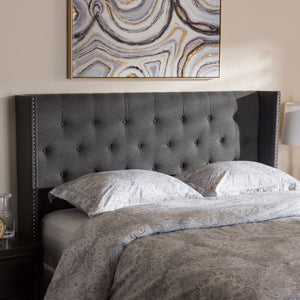 Baxton Studio Ally Modern And Contemporary Dark Grey Fabric Button-Tufted Nail head King Size Winged Headboard