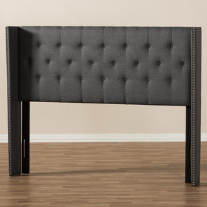 Baxton Studio Ally Modern And Contemporary Dark Grey Fabric Button-Tufted Nail head Full Size Winged Headboard