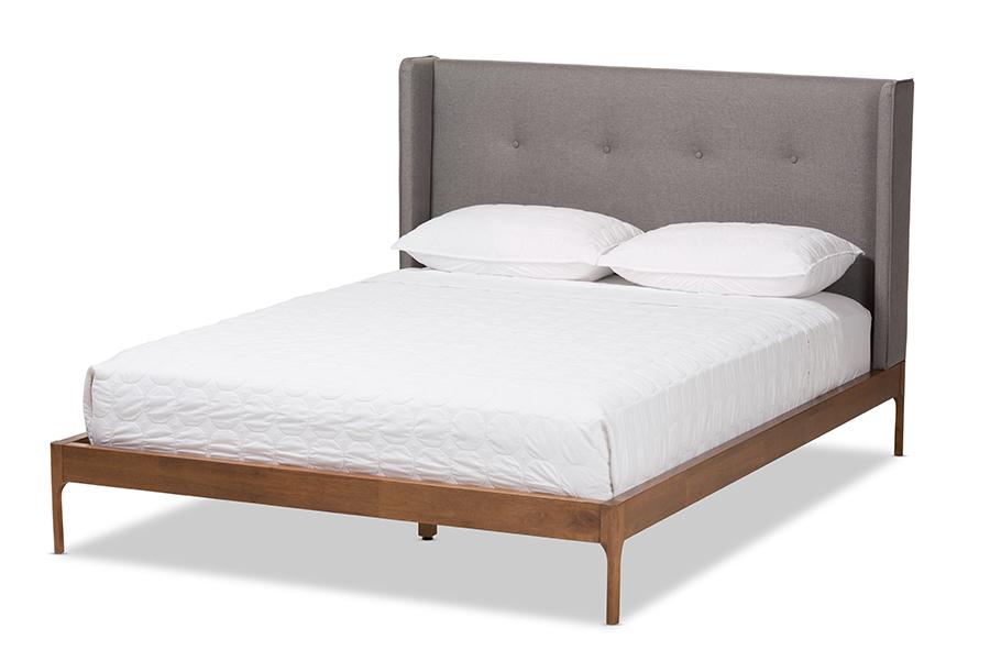 Baxton Studio Brooklyn Mid-Century Modern Walnut Wood Grey Fabric Full Size Platform Bed