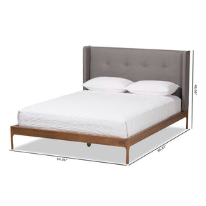 Baxton Studio Brooklyn Mid-Century Modern Walnut Wood Grey Fabric Full Size Platform Bed