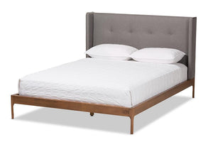 Baxton Studio Brooklyn Mid-Century Modern Walnut Wood Grey Fabric Full Size Platform Bed