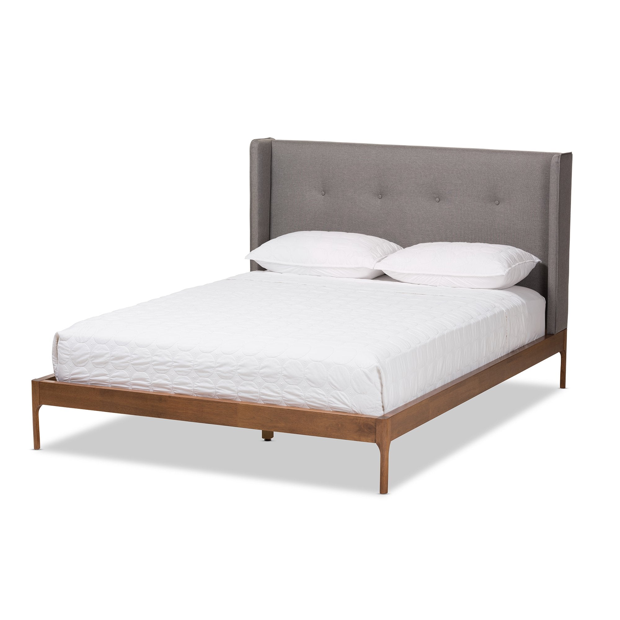 Baxton Studio Brooklyn Mid-Century Modern Walnut Wood Grey Fabric Queen Size Platform Bed