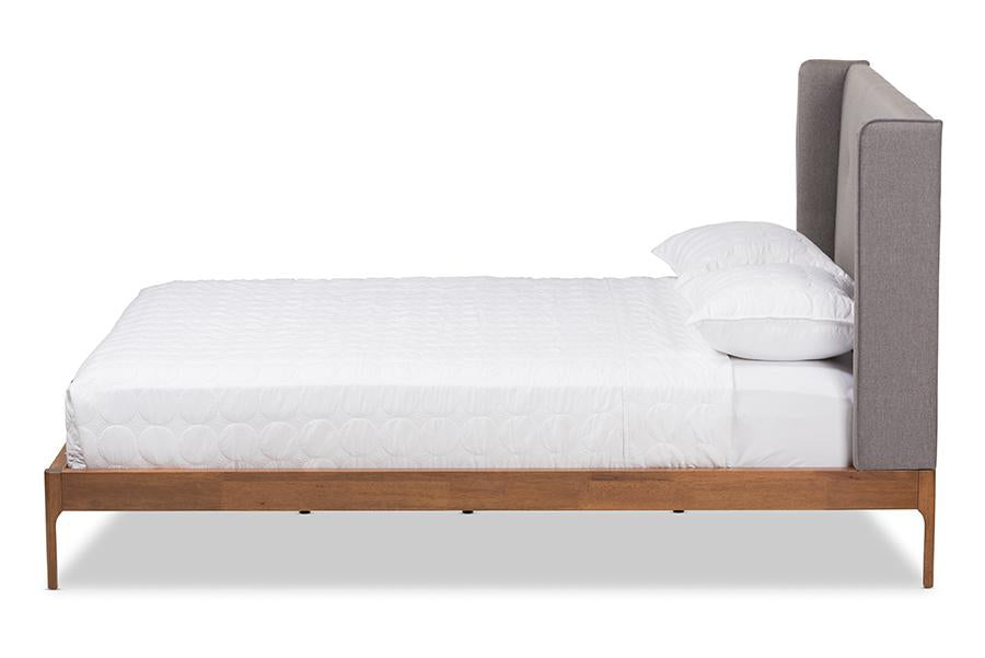 Baxton Studio Brooklyn Mid-Century Modern Walnut Wood Grey Fabric Full Size Platform Bed