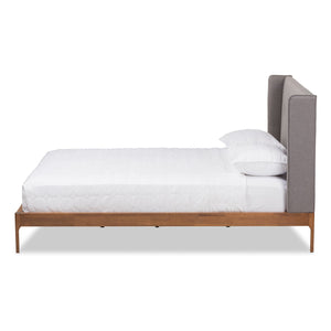 Baxton Studio Brooklyn Mid-Century Modern Walnut Wood Grey Fabric King Size Platform Bed