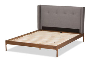 Baxton Studio Brooklyn Mid-Century Modern Walnut Wood Grey Fabric Full Size Platform Bed