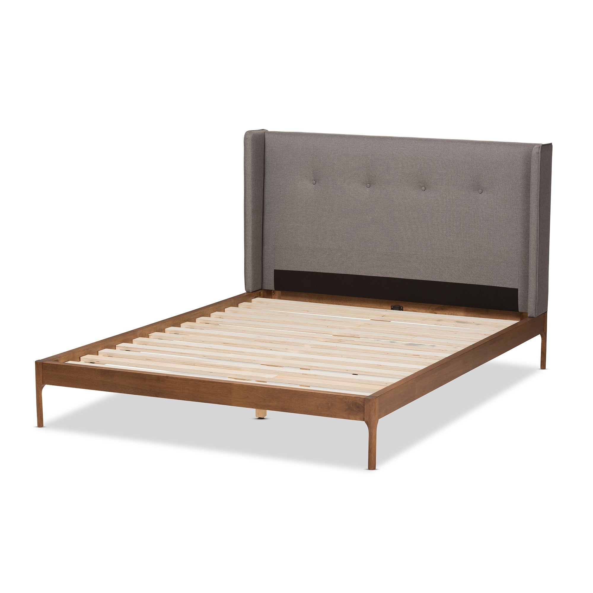 Baxton Studio Brooklyn Mid-Century Modern Walnut Wood Grey Fabric Full Size Platform Bed