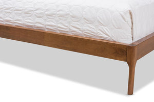 Baxton Studio Brooklyn Mid-Century Modern Walnut Wood Grey Fabric Full Size Platform Bed