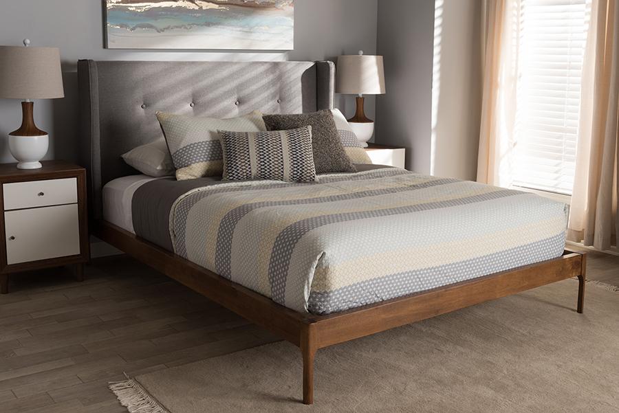 Baxton Studio Brooklyn Mid-Century Modern Walnut Wood Grey Fabric Full Size Platform Bed