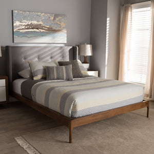 Baxton Studio Brooklyn Mid-Century Modern Walnut Wood Grey Fabric Full Size Platform Bed