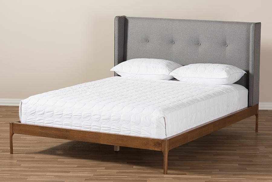 Baxton Studio Brooklyn Mid-Century Modern Walnut Wood Grey Fabric Full Size Platform Bed