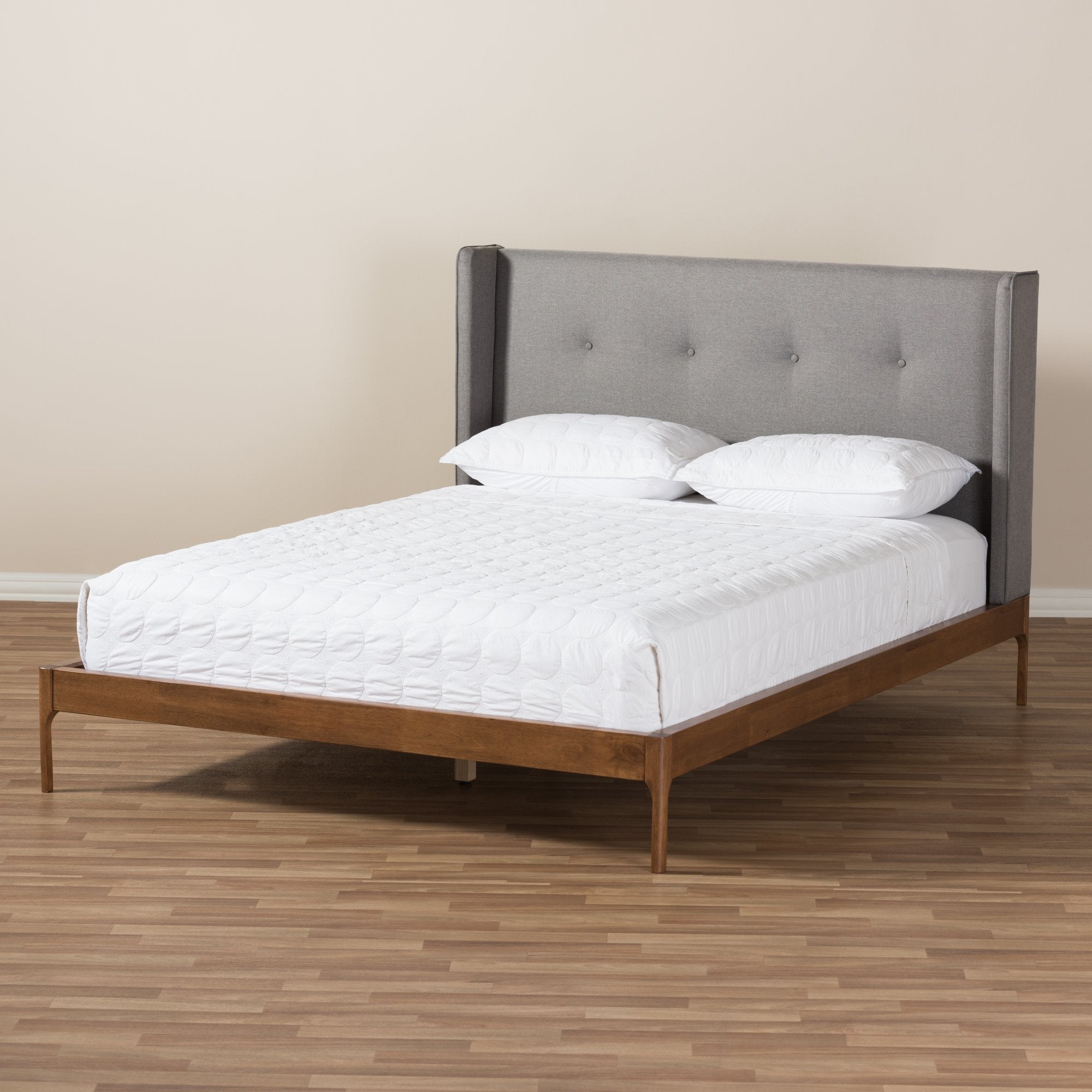 Baxton Studio Brooklyn Mid-Century Modern Walnut Wood Grey Fabric Queen Size Platform Bed