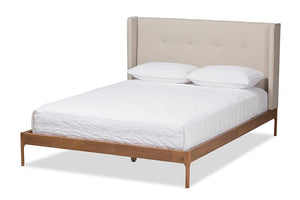 Baxton Studio Brooklyn Mid-Century Modern Walnut Wood Beige Fabric Full Size Platform Bed