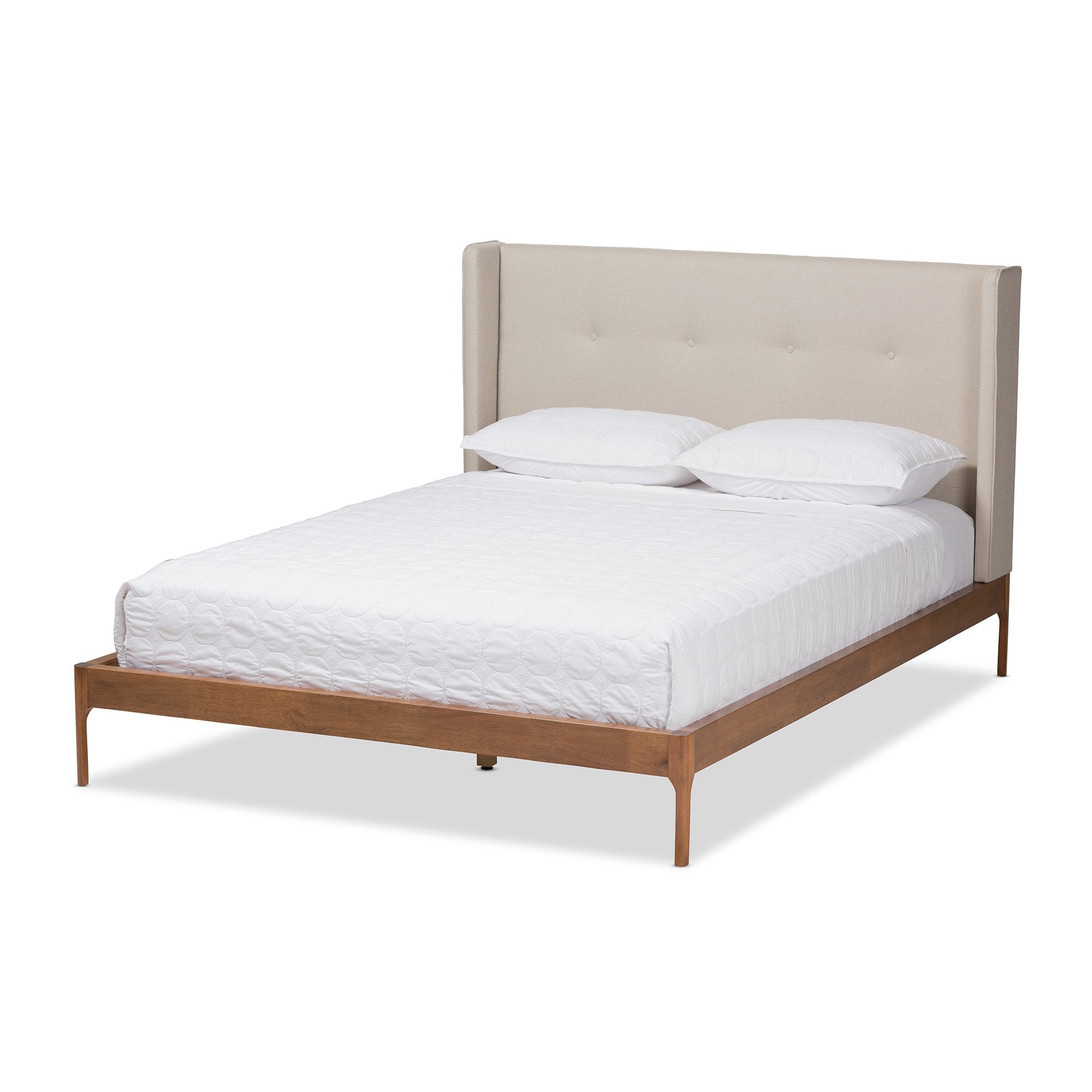 Baxton Studio Brooklyn Mid-Century Modern Walnut Wood Beige Fabric Queen Size Platform Bed