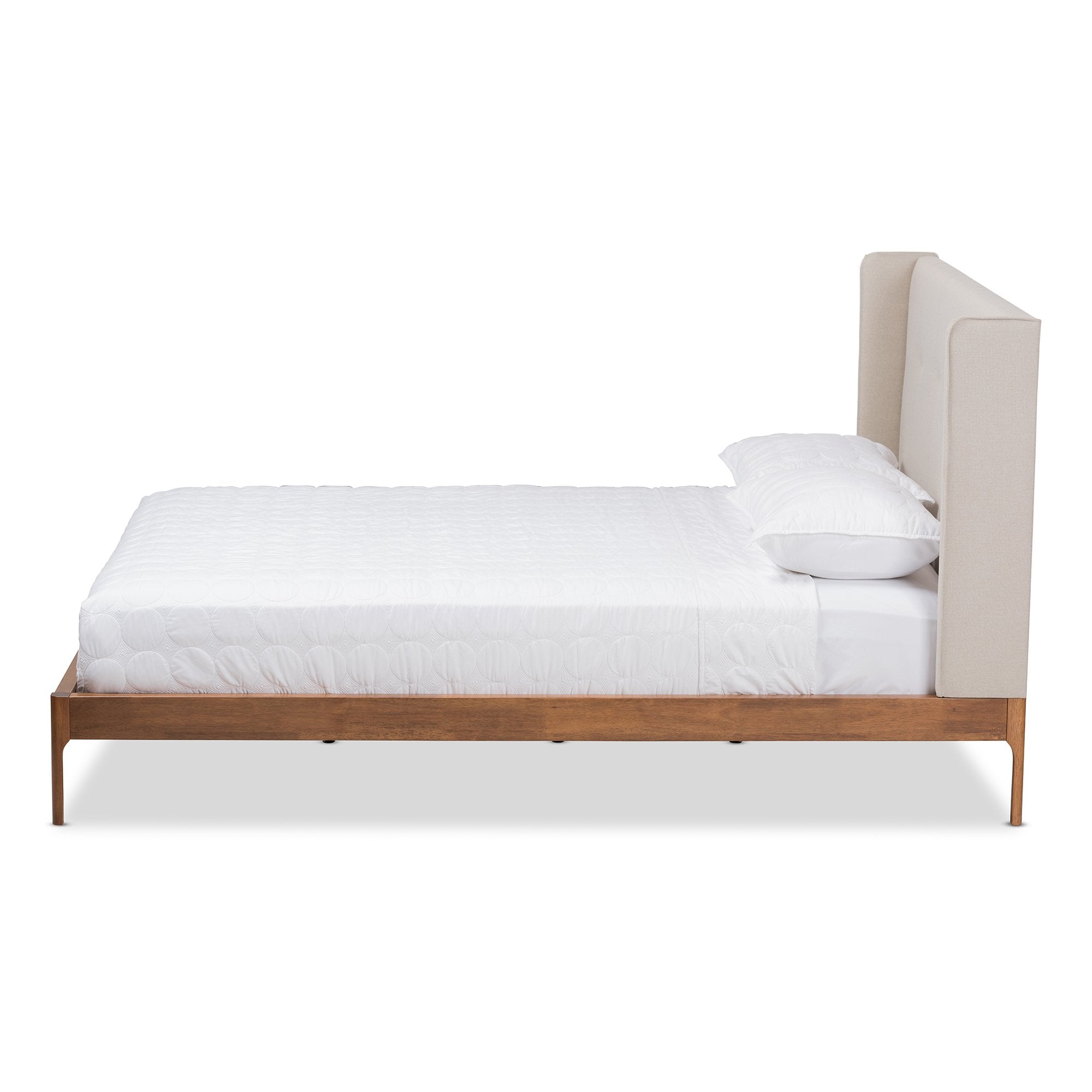 Baxton Studio Brooklyn Mid-Century Modern Walnut Wood Beige Fabric Queen Size Platform Bed