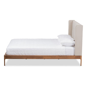 Baxton Studio Brooklyn Mid-Century Modern Walnut Wood Beige Fabric Full Size Platform Bed