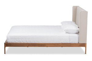 Baxton Studio Brooklyn Mid-Century Modern Walnut Wood Beige Fabric Queen Size Platform Bed