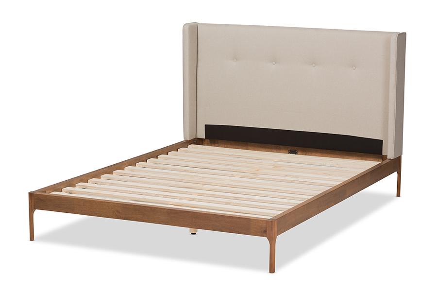 Baxton Studio Brooklyn Mid-Century Modern Walnut Wood Beige Fabric Queen Size Platform Bed