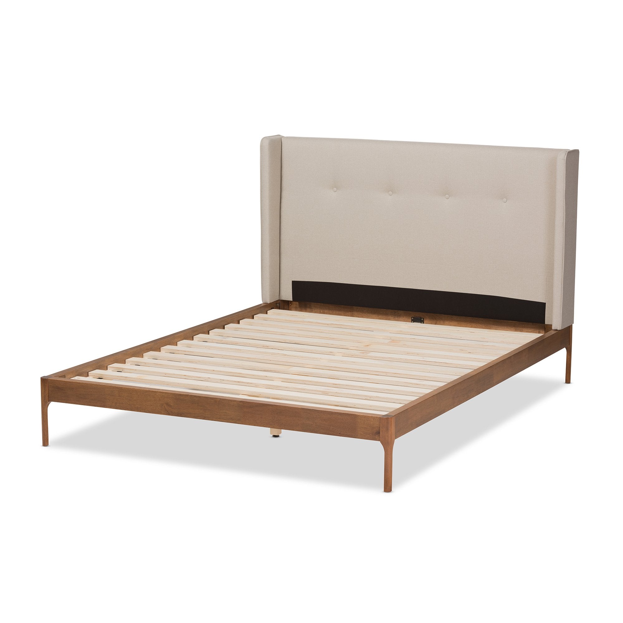 Baxton Studio Brooklyn Mid-Century Modern Walnut Wood Beige Fabric Queen Size Platform Bed