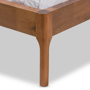 Baxton Studio Brooklyn Mid-Century Modern Walnut Wood Beige Fabric Full Size Platform Bed