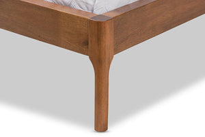 Baxton Studio Brooklyn Mid-Century Modern Walnut Wood Beige Fabric Queen Size Platform Bed