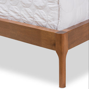 Baxton Studio Brooklyn Mid-Century Modern Walnut Wood Beige Fabric Full Size Platform Bed