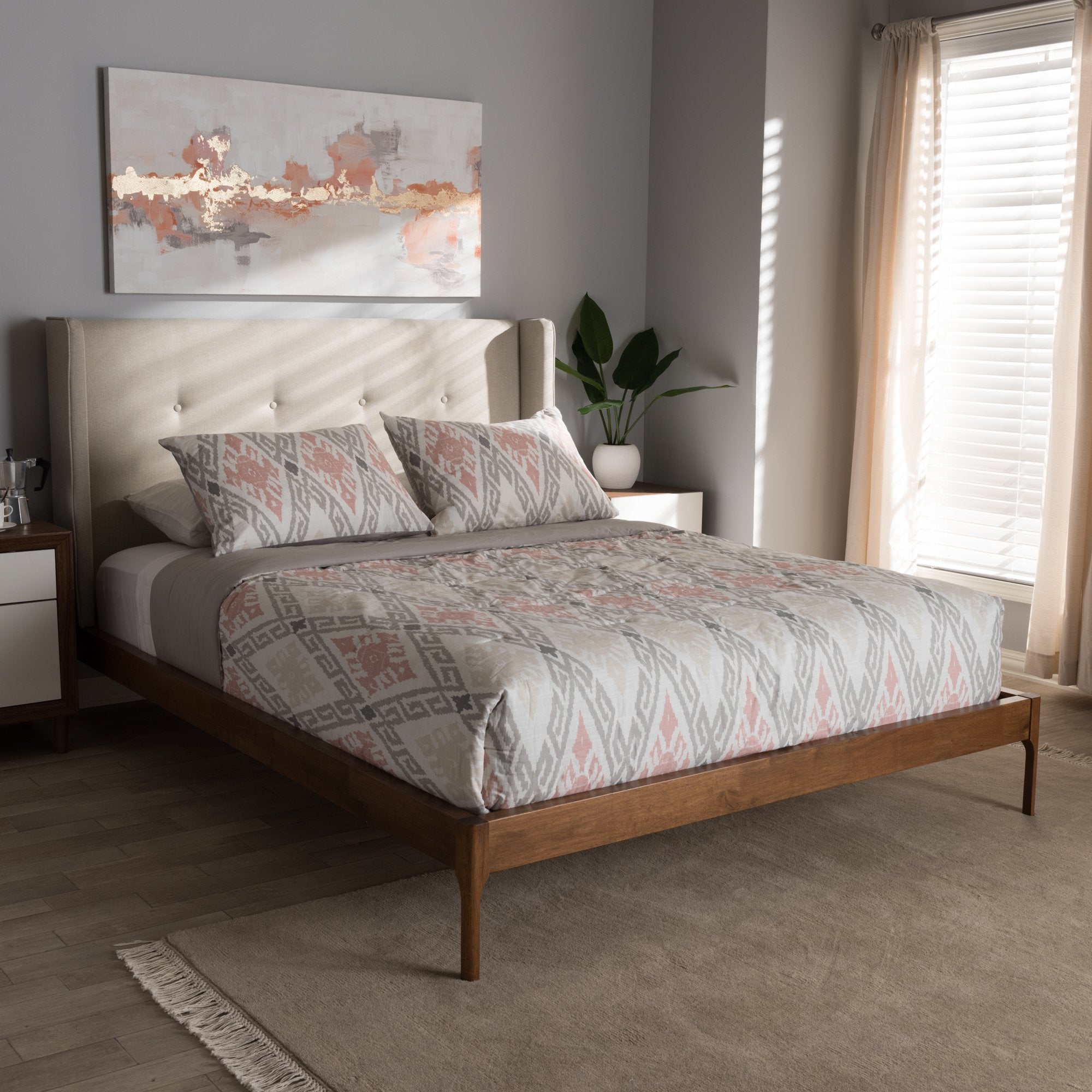 Baxton Studio Brooklyn Mid-Century Modern Walnut Wood Beige Fabric Full Size Platform Bed