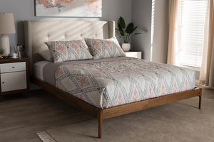 Baxton Studio Brooklyn Mid-Century Modern Walnut Wood Beige Fabric Full Size Platform Bed