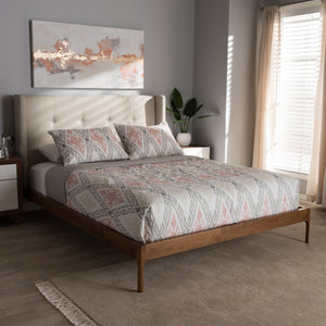 Baxton Studio Brooklyn Mid-Century Modern Walnut Wood Beige Fabric King Size Platform Bed