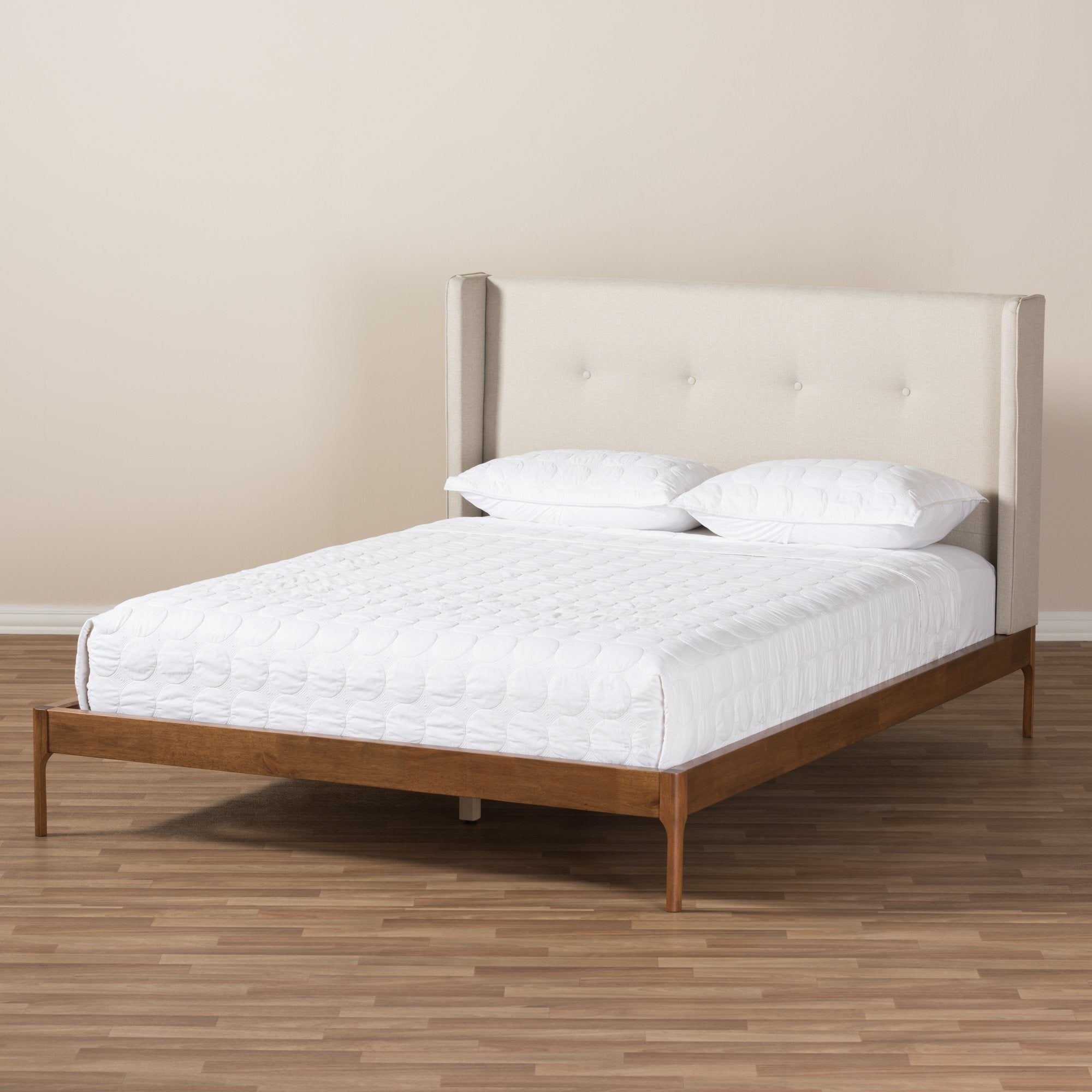 Baxton Studio Brooklyn Mid-Century Modern Walnut Wood Beige Fabric Queen Size Platform Bed