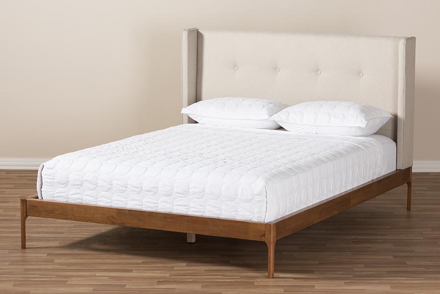 Baxton Studio Brooklyn Mid-Century Modern Walnut Wood Beige Fabric Queen Size Platform Bed