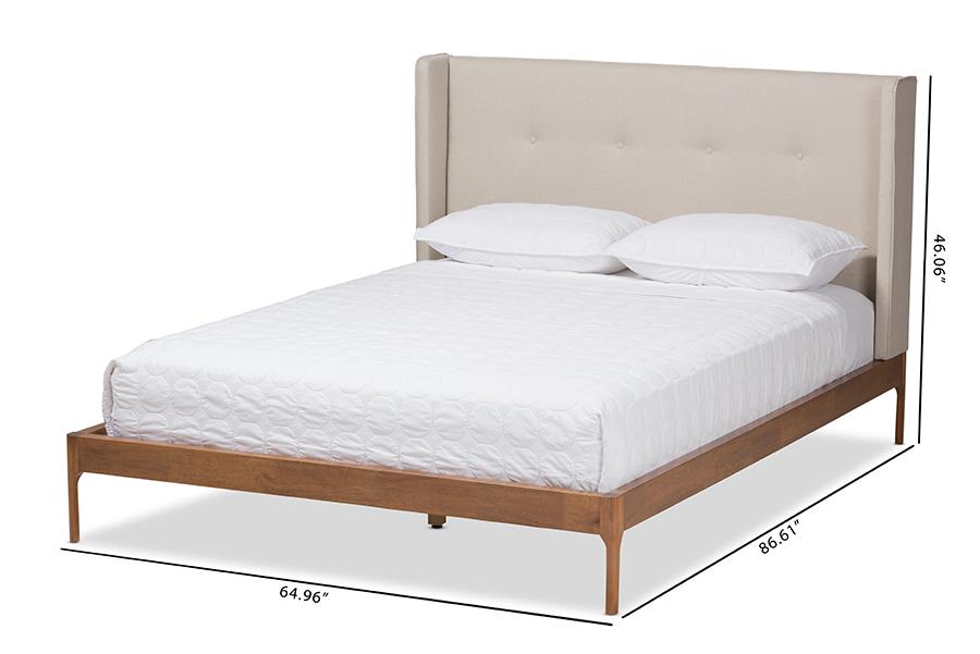 Baxton Studio Brooklyn Mid-Century Modern Walnut Wood Beige Fabric Queen Size Platform Bed