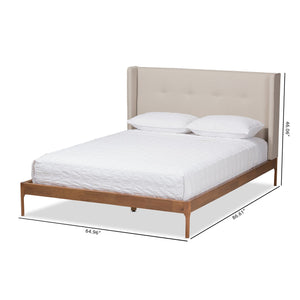 Baxton Studio Brooklyn Mid-Century Modern Walnut Wood Beige Fabric Full Size Platform Bed