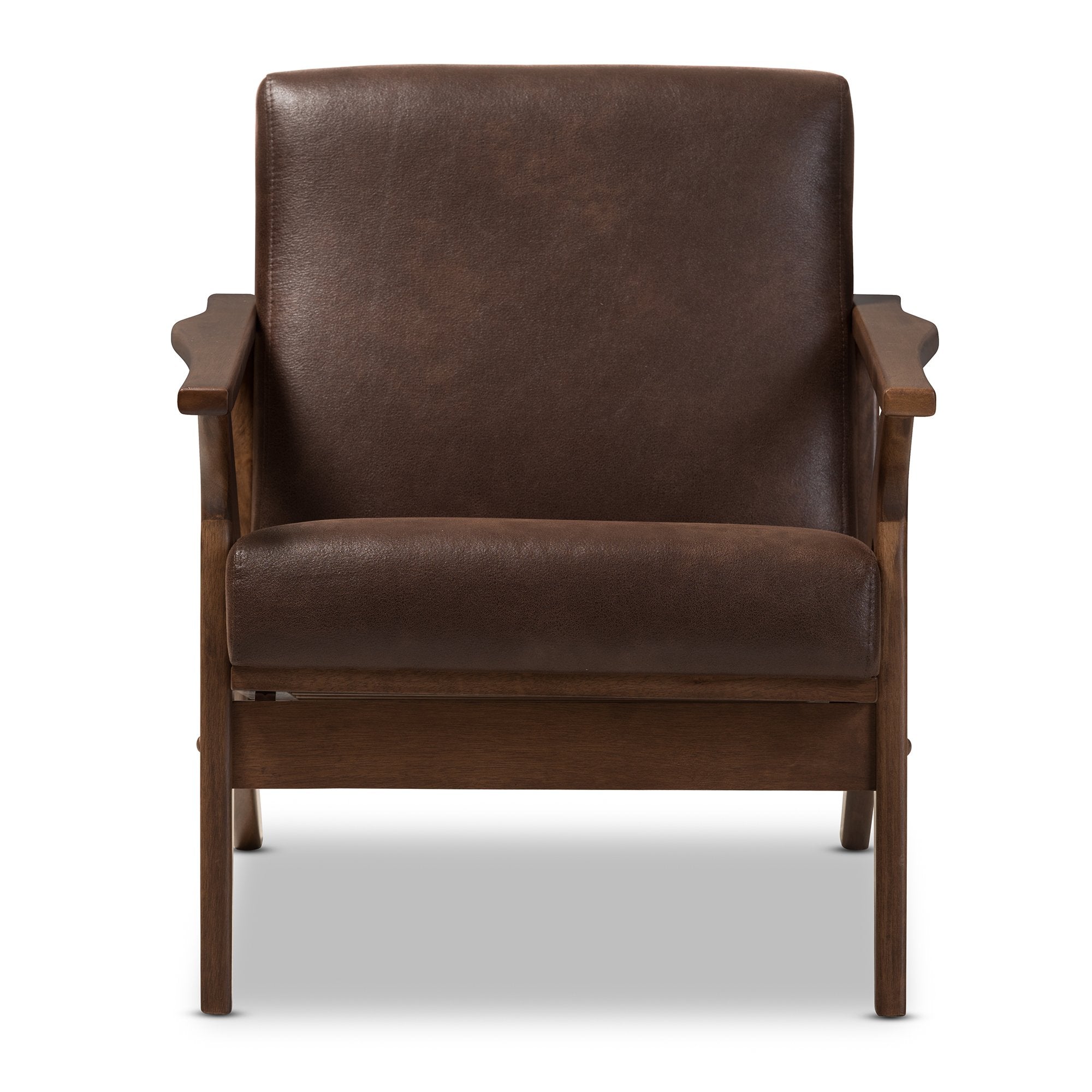 Baxton Studio Bianca Mid-Century Modern Walnut Wood Dark Brown Distressed Faux Leather Lounge Chair