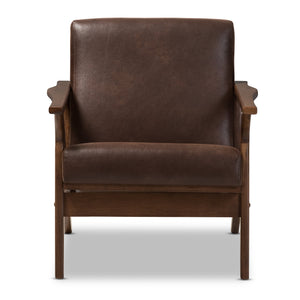 Baxton Studio Bianca Mid-Century Modern Walnut Wood Dark Brown Distressed Faux Leather Lounge Chair