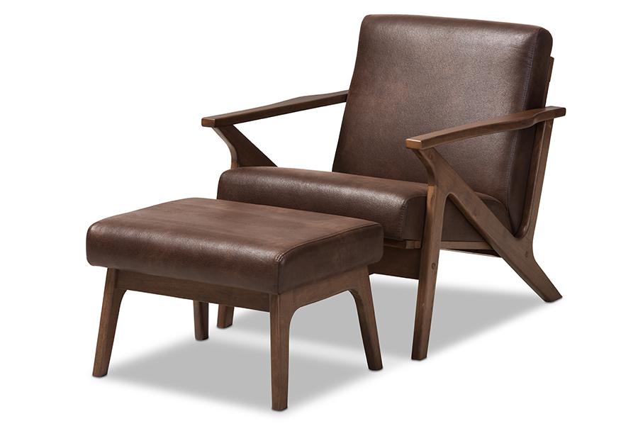 Baxton Studio Bianca Mid-Century Modern Walnut Wood Dark Brown Distressed Faux Leather Lounge Chair And Ottoman Set