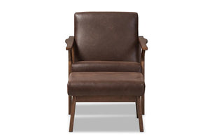 Baxton Studio Bianca Mid-Century Modern Walnut Wood Dark Brown Distressed Faux Leather Lounge Chair And Ottoman Set