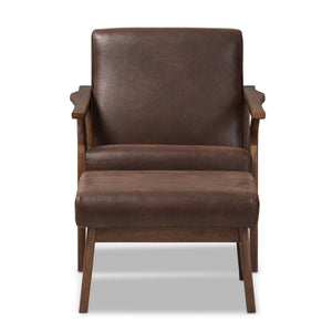 Baxton Studio Bianca Mid-Century Modern Walnut Wood Dark Brown Distressed Faux Leather Lounge Chair And Ottoman Set