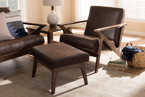 Baxton Studio Bianca Mid-Century Modern Walnut Wood Dark Brown Distressed Faux Leather Lounge Chair And Ottoman Set