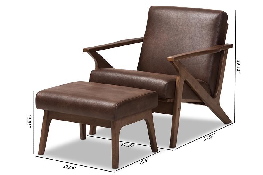 Baxton Studio Bianca Mid-Century Modern Walnut Wood Dark Brown Distressed Faux Leather Lounge Chair And Ottoman Set