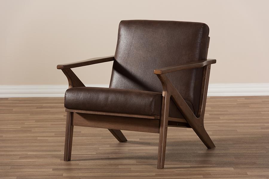 Baxton Studio Bianca Mid-Century Modern Walnut Wood Dark Brown Distressed Faux Leather Lounge Chair