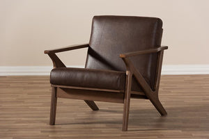 Baxton Studio Bianca Mid-Century Modern Walnut Wood Dark Brown Distressed Faux Leather Lounge Chair