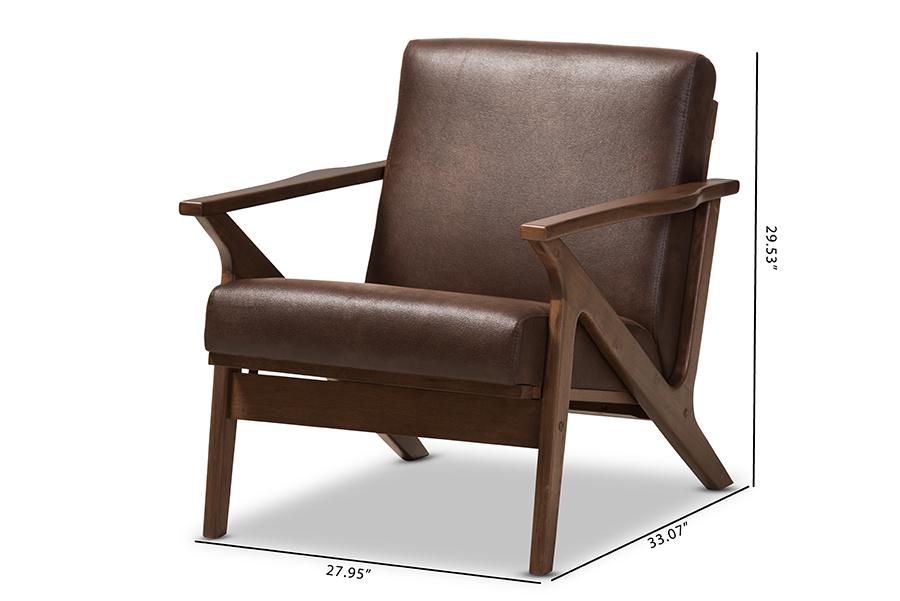 Baxton Studio Bianca Mid-Century Modern Walnut Wood Dark Brown Distressed Faux Leather Lounge Chair