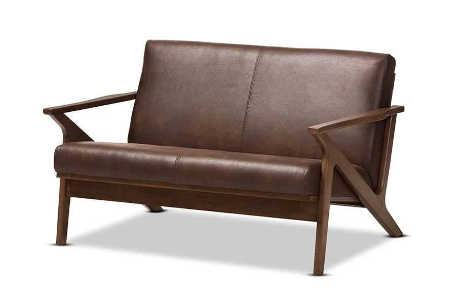 Baxton Studio Bianca Mid-Century Modern Walnut Wood Dark Brown Distressed Faux Leather 2-Seater Loveseat