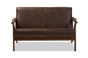 Baxton Studio Bianca Mid-Century Modern Walnut Wood Dark Brown Distressed Faux Leather 2-Seater Loveseat