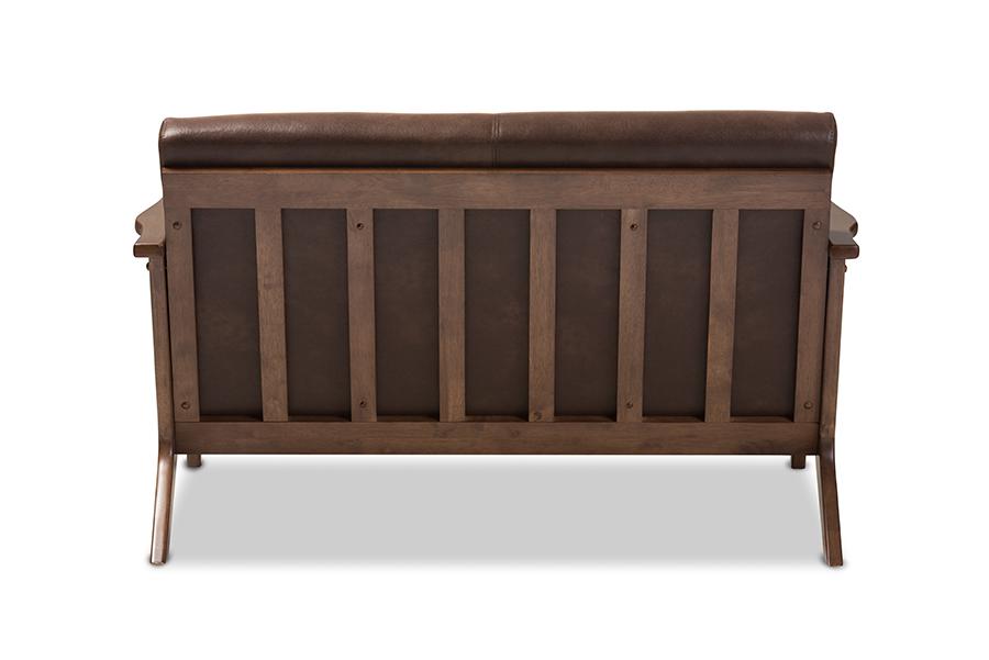 Baxton Studio Bianca Mid-Century Modern Walnut Wood Dark Brown Distressed Faux Leather 2-Seater Loveseat