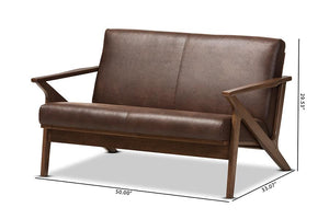 Baxton Studio Bianca Mid-Century Modern Walnut Wood Dark Brown Distressed Faux Leather 2-Seater Loveseat