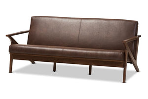 Baxton Studio Bianca Mid-Century Modern Walnut Wood Dark Brown Distressed Faux Leather 3-Seater Sofa