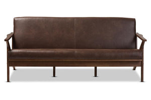 Baxton Studio Bianca Mid-Century Modern Walnut Wood Dark Brown Distressed Faux Leather 3-Seater Sofa