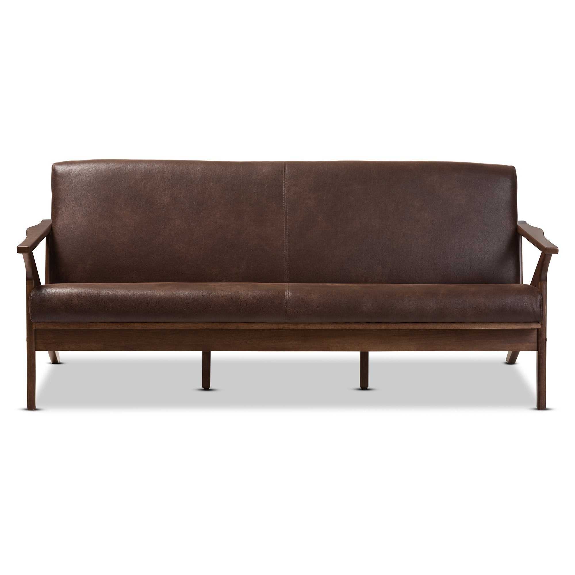 Baxton Studio Bianca Mid-Century Modern Walnut Wood Dark Brown Distressed Faux Leather 3-Seater Sofa