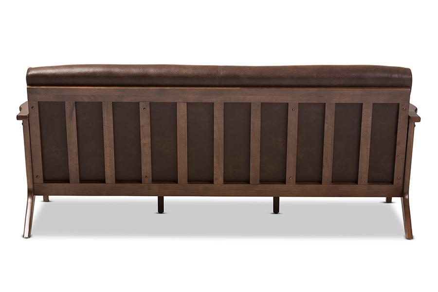 Baxton Studio Bianca Mid-Century Modern Walnut Wood Dark Brown Distressed Faux Leather 3-Seater Sofa